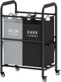 Tajsoon 2 Bag Laundry Sorter Cart, Laundry Hamper Sorter Basket with Heavy Duty Lockable Rolling Wheels for Clothes Storage, Black & Grey
