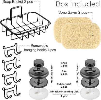 HASKO 2 Pack Suction Cup Soap Dish for Shower Wall, Rustproof Stainless Steel, Shower Soap Holder with Hooks, Includes Optional No Drill Adhesive Mount for Bathroom, 2 Soap Savers, Black