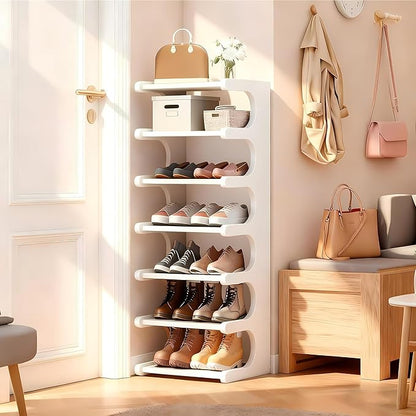 Vertical Shoe Rack 7 Tier, Bamboo Narrow Shoe Rack for Small Spaces, Freestanding Shoe Storage Organizer for Entryway Closet, Space Saving Skinny Shoe Shelf