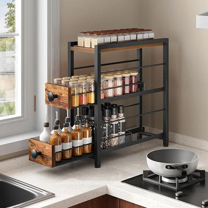 YATINEY Spice Rack, 3-Tier Pull Out Spice Rack Organizer for Countertop, Narrow Kitchen Countertop Storage Shelf with 2 Drawers, for Kitchen, Cafe, Rustic Brown and Black SR02BR