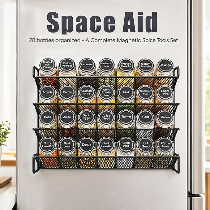 UVIAHOMI Magnetic Spice Rack Organizer for Refrigerator with 28 Spice Jars, 386 Spice Labels, 4 Hook, Chalk Marker and Funnel Set, Magnetic Shelf for Seasoning Organizer, 13.2'' W x 9.8 H, Black