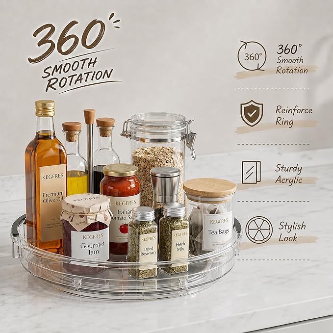 3 Pack Lazy Susan Organizer, Rotating Turntable Spice Rack for Kitchen Storage, Pantry, Cabinet, Fridge & Countertop, Condiment & Seasoning Holder, 9.25", 10.6", 12", Clear