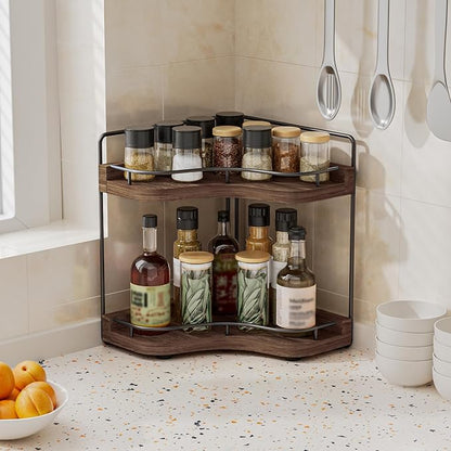 2-Tier Corner Bathroom Counter Organizer with Embedded Screw Holes, Secure & Stable Wood Vanity Shelf for Makeup and Skincare Essentials - Space Saving Bathroom Countertop Storage, Dark Brown