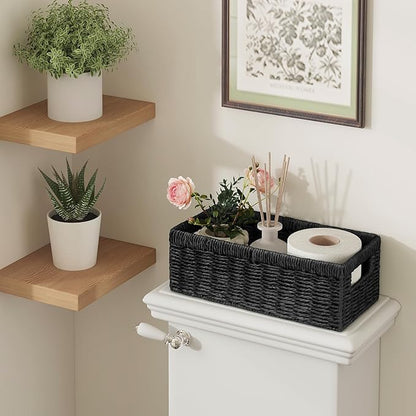 Vagusicc Wicker Storage Basket, Set of 2 Hand-Woven Paper Rope Wicker Baskets for Organizing Decor Storage Bins for Counter Shelves Pantry Basket Small Toilet Paper Basket for Toilet Tank Top, Black