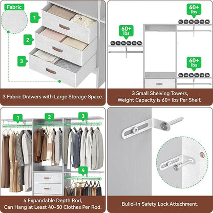Armocity 5FT Small Closet System with 3 Fabric Drawers, 60 Inches Walk In Closet Organizer System With 3 Adjustable Shelves, Heavy Duty Clothes Rack Built-In Garment Rack, 59" L x 16" W x 71" H, Grey