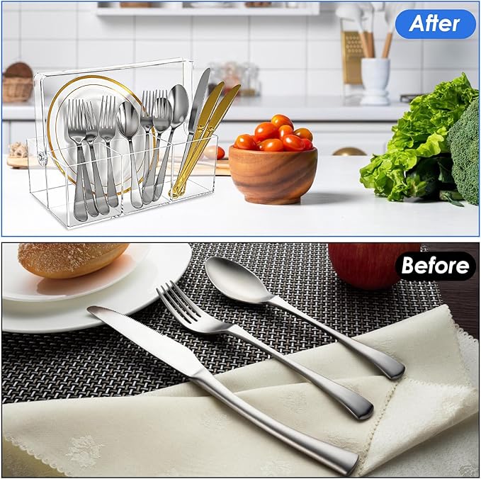 2 Pack Silverware Organizer, Paper Plate Holders, Cutlery and Flatware Caddy for Countertop, Table, Buffet, and Picnic - Acrylic Party Utensil Holder for Knives, Forks, Spoons, Plates, Napkins