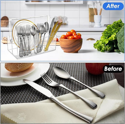 2 Pack Silverware Organizer, Paper Plate Holders, Cutlery and Flatware Caddy for Countertop, Table, Buffet, and Picnic - Acrylic Party Utensil Holder for Knives, Forks, Spoons, Plates, Napkins