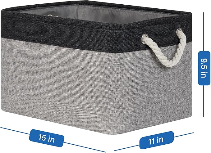 Temary Fabric Storage Baskets 4Pack Storage Bins Decorative Basket for Gift, Clothes Bin with Rope Handle, Rectangle Baskets for Storage, Blankets(Black&Gray,15x11x9.5 inch)