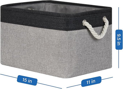 Temary Fabric Storage Baskets 4Pack Storage Bins Decorative Basket for Gift, Clothes Bin with Rope Handle, Rectangle Baskets for Storage, Blankets(Black&Gray,15x11x9.5 inch)