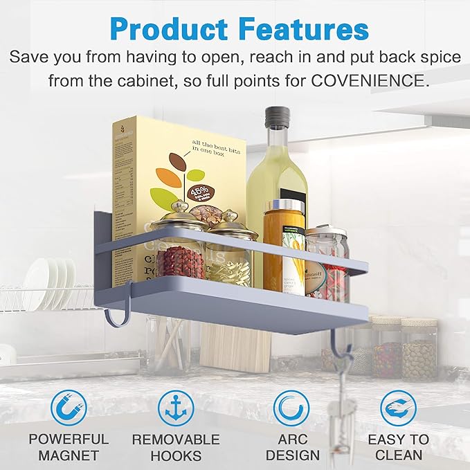 Magnetic Spice Rack, Strong Magnetic Shelf with 2 Removable Hooks, Perfect Space Saver for Small Kitchen/Apartment, Awesome Metal Cabinet for Holding Spices, Jars, Bottle, Beve(Grey, 2Pack)