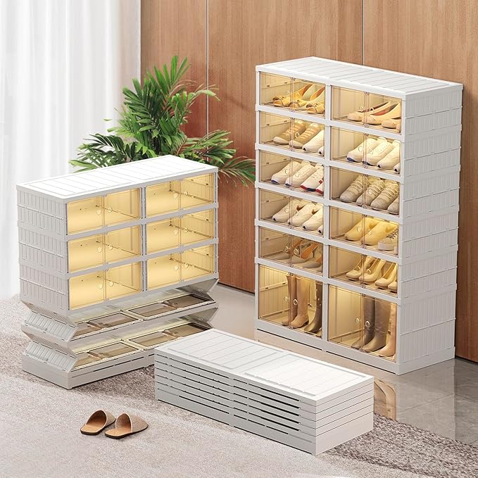 CIMLORD 6-Tier Foldable Shoe Rack Organizer for Closet 24Pairs Plastic Shoe Shelf Collapsible Shoes Storage Box Clear Shoe Boxes Stackable with Door Easy Assembly Shoe Cabinet with Lids Large