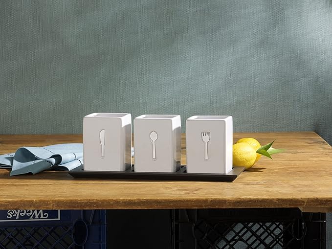 Towle Living 3-Piece Ceramic Caddy with Wood Tray, White, Black