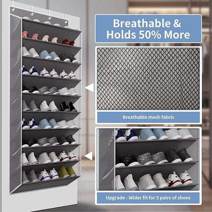 TAHAVICE 30 Pairs Over The Door Shoe Organizer, 10-Tier Hanging Shoe Rack with Deep Pocket for Closet, Extra Large Shoe Storage Holder for Sneakers, Boots, Heels(Grey)