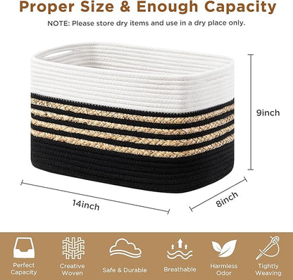 UBBCARE 4 Pack Baskets for Organizing, Woven Storage Baskets for Toys and Towel, Rectangle Cotton Rope Basket with Handles, 14''L x 8''W x9''H, Black