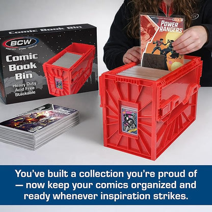 BCW Short Comic Book Bin | Holds 150 Comics | Stackable Plastic Storage | Acid-Free Organizer | Red, 2 Pack