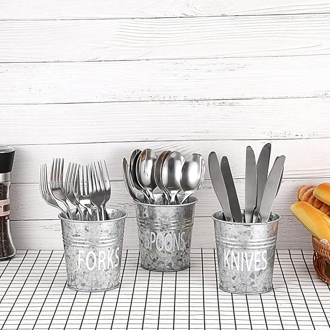 JUXYES Set of 3 Farmhouse Metal Tin Bucket Utensil Holder - Antique Silverware Caddy for Kitchen Countertop - Rustic Flatware Cutlery Caddy Silverware Holder Spoon, Fork & Knife Organizer for Parties