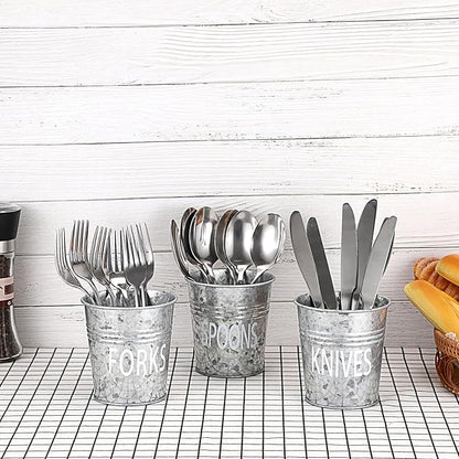 JUXYES Set of 3 Farmhouse Metal Tin Bucket Utensil Holder - Antique Silverware Caddy for Kitchen Countertop - Rustic Flatware Cutlery Caddy Silverware Holder Spoon, Fork & Knife Organizer for Parties