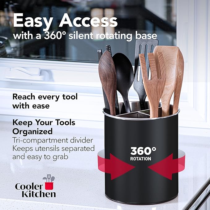 Cooler Kitchen Black Rotating Extra Large Stainless Steel Utensil Holder Caddy with Sturdy No-Tip Weighted Base, Removable Divider, and Gripped Insert - Dishwasher Safe Metal Cooking Utensil Holder