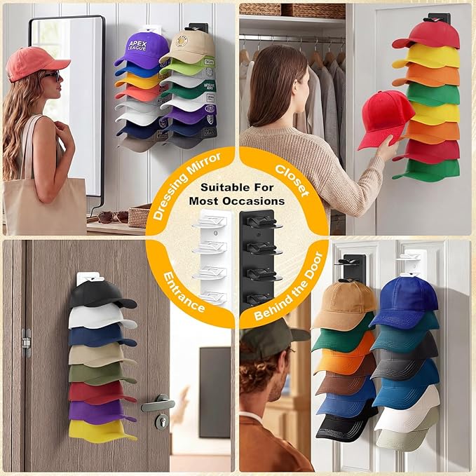 Coopache Hat Organizer for Baseball Caps 2 Pack, Hat Rack for Hanger Wall or Door Ball Cap Storage Holder for 16 Hats Hanging (Black & White, One size)