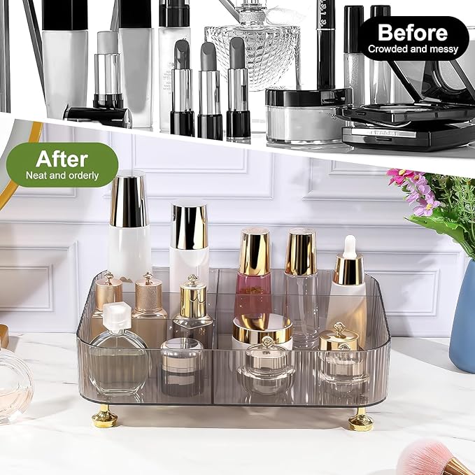 DASITON Makeup Organizer Countertop for Vanity, 5 Slots Makeup Brush Holder Organizer, Vintage Makeup Perfume Tray Cosmetic and Skincare Organizers for Bedroom Bathroom Counter, Desk Storage (Grey)