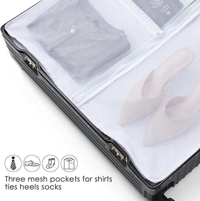 Easyo Garment Bags for Travel,60" Heavy Duty Suit Dress Garment Bag with 2 Clear Windows 3 Zipper Pockets,Dress Bags with Shoe Storage for Long Coat, Jacket, Sweater, Shirts, Suits - White