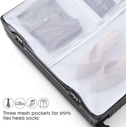 Easyo Garment Bags for Travel,60" Heavy Duty Suit Dress Garment Bag with 2 Clear Windows 3 Zipper Pockets,Dress Bags with Shoe Storage for Long Coat, Jacket, Sweater, Shirts, Suits - White