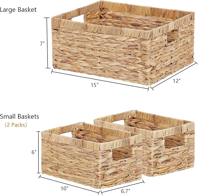 Vagusicc Wicker Basket, Set of 3 Hand-woven Storage Baskets for Organizing, Water Hyacinth Wicker Storage Basket Bins with Handles, Small Toilet Paper Storage Baskets for Shelves Pantry Baskets