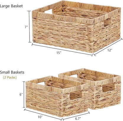 Vagusicc Wicker Basket, Set of 3 Hand-woven Storage Baskets for Organizing, Water Hyacinth Wicker Storage Basket Bins with Handles, Small Toilet Paper Storage Baskets for Shelves Pantry Baskets