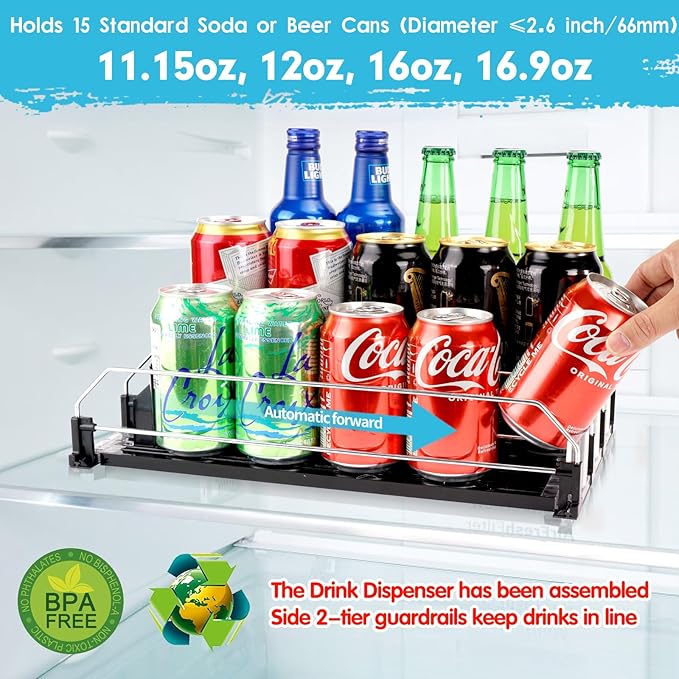 Rolling Soda Can Organizer and Automatic Soda Can Organizer for Refrigerator for Beer Soda Seltzer Drink Pop Cans Holder Storage Pantry Organization