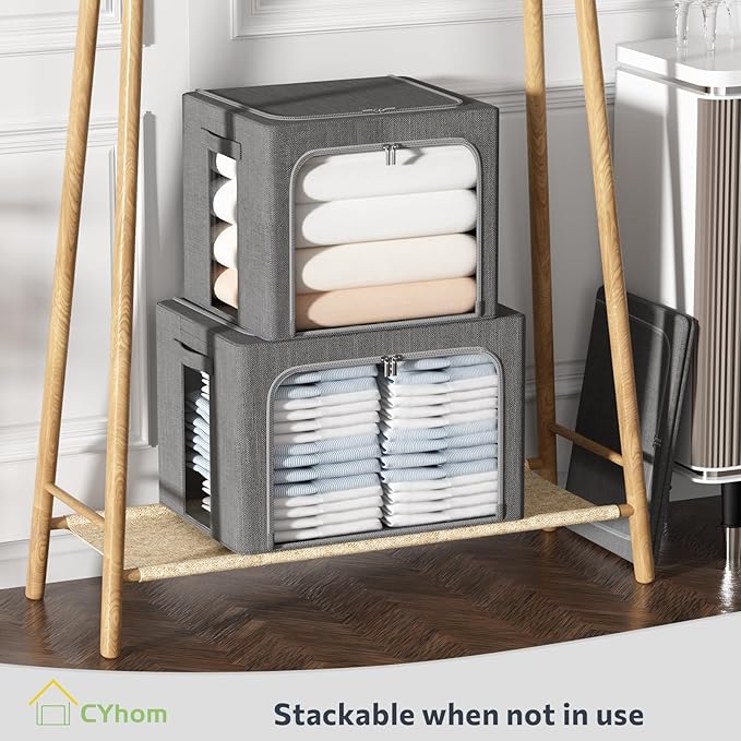 CYhom Extra Large Clothes Storage Bins - Linen Fabric Foldable Stackable Container Organizer Set with Clear Window & Carry Handles & Metal Frame (Dark Gray, Extra Large-100L)