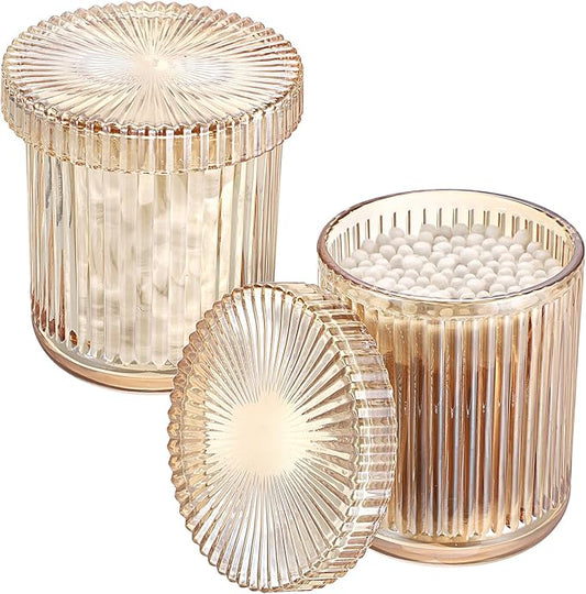 2 Pack Glass Qtip Holder with Lid, Apothecary Jars with Lids, Glass Bathroom Jars for Cotton Ball, Swab, Pads, Floss Picks, Bathroom Accessories Organization and Vanity Organizer (Amber)