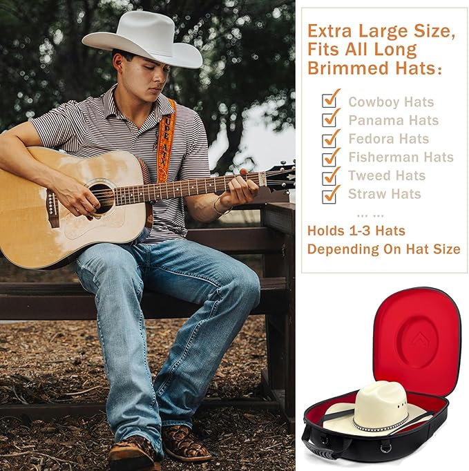 Foeran Travel Hat Case For Cowboy Panama & Fedora Hat, Waterproof & Crush Proof Cowboy Hat Box Wide-brimmed Hats Storage Holder Hat Carrier - Large, Red