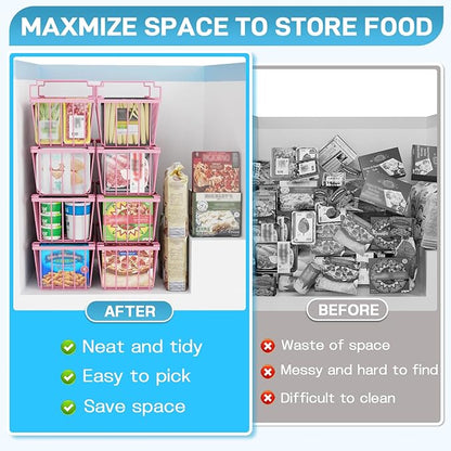 SUNALLY Freezer Organizer Bins, 4 Pack Stackable Chest Freezer Organizer for 5-7 Cu.FT Deep Freezer Sort Frozen Meats and Food, Freezer Storage Baskets with Handles Easy Reach from Bottom, Pink
