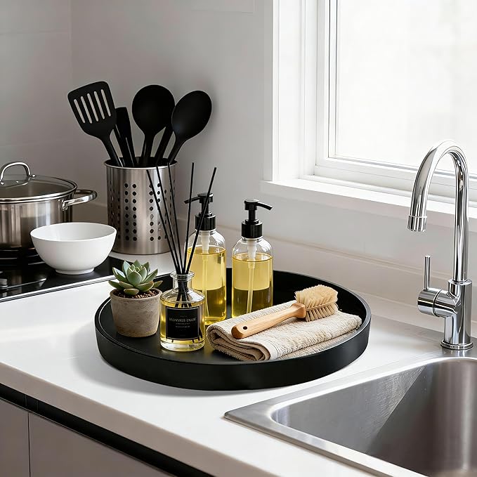1 Pack 12" Bathroom and Vanity Tray, ABS Bathroom Counter Organizer, Coffee Table Decor for Perfume, Candles, Keys &More. Kitchen Countertop Organizer, Decorative Tray Soap Holder, Black