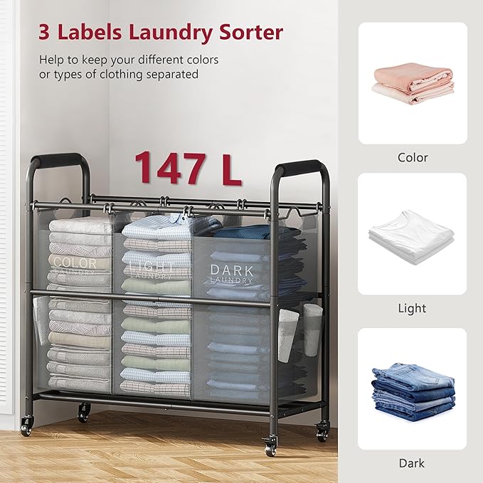 Tajsoon 3 Bag Laundry Sorter Cart, Laundry Hamper Sorter Basket with Heavy Duty Lockable Rolling Wheels for Clothes Storage, 3 Colors