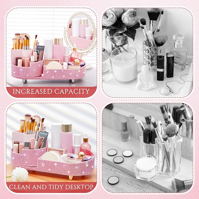 Teen Girls Mother's Day 360 Rotating Bling Makeup Organizer Gift Rhinestone Diamond Bathroom Organizer Girly Skin Care Brush Holder for Countertop, Bathroom Essentials(Pink,Rhinestone)