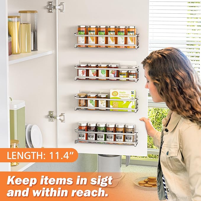 Bunoxea Spice Rack wall mounted 4 Pack, Space-Saving Spice Organizer for Spice Jars and Seasonings,Screw or Adhesive Hanging Spice Rack Organizer for Your Kitchen Cabinet,or Pantry Door,Chrome