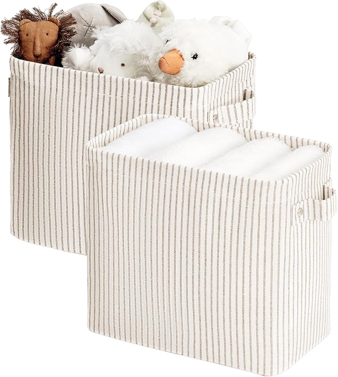 StorageWorks Narrow Storage Bins, Small Basket for Closet and Shelves, Rectangular Fabric Organizer with Handles, Toilet Paper Storage, Khaki and Beige Stripes, 2-Pack