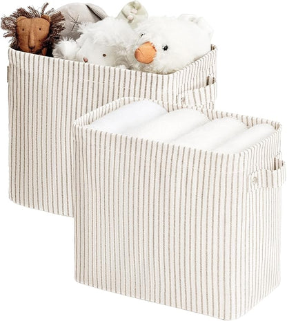 StorageWorks Narrow Storage Bins, Small Basket for Closet and Shelves, Rectangular Fabric Organizer with Handles, Toilet Paper Storage, Khaki and Beige Stripes, 2-Pack