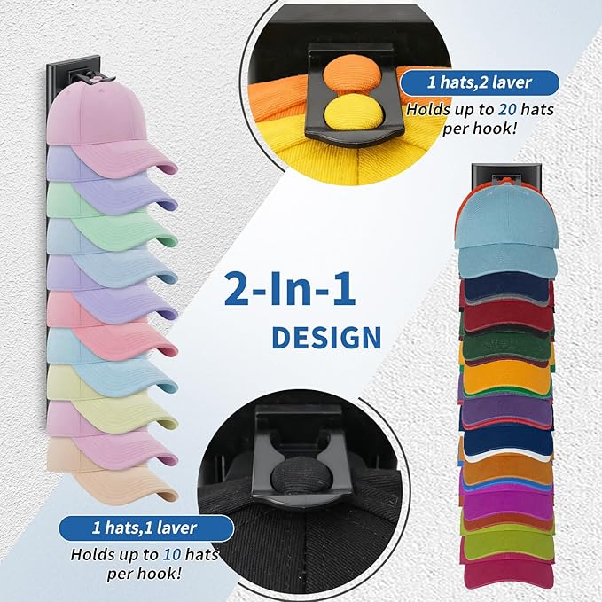 Enwokran Hat Organizer for Baseball Caps 2 Pack - Multilayer Hat Storage Rack with Strong Adhesive, 2 Mounting Options, Holds Up to 40 Hats, Wall/Door Mount for Bedroom Closet(Black)
