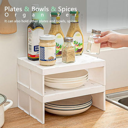 Paper Plate Dispenser and Paper Bowl Dispenser, Space-Saving Plastic, Foam, Disposable Plate and Bowl Organizer, Set of 2 Stackable Kitchen Organizer for Cabinet, Countertop, Shelf (White)