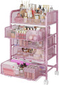 Hongtamoya Makeup Cart Organizer with 4 Drawers, Large Floor Skincare Organizers, Vanity Storage Organizer Cosmetics Display Cases for Skin Care Perfume Nail Polish, Pink