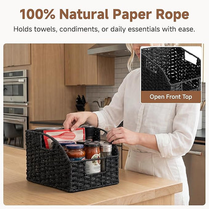 StorageWorks Pantry Organizers and Storage, Wicker Baskets with Handles, Pantry Baskets for Shelves, Paper Rope, Black， 2 Pack
