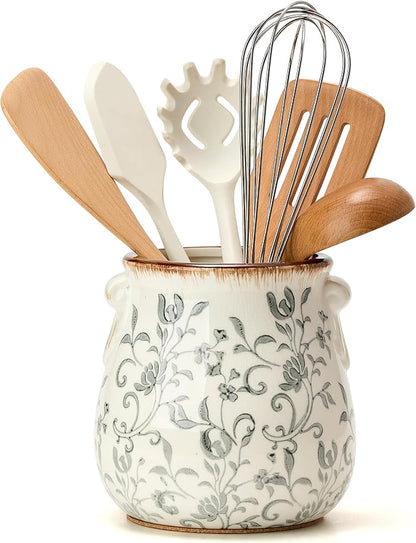 Utensil Holder for Kitchen Counter, Modern Farmhouse Rustic Cooking Utensil Holder and Crock, Exquisite Chinoiserie Floral Ceramic Utensil Organizer for Home Kitchen Decor- Gray Flower Patterns