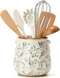 Utensil Holder for Kitchen Counter, Modern Farmhouse Rustic Cooking Utensil Holder and Crock, Exquisite Chinoiserie Floral Ceramic Utensil Organizer for Home Kitchen Decor- Gray Flower Patterns