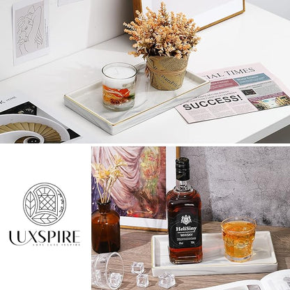 Luxspire Bathroom Vanity Tray, 11" Marble Ceramic Bathroom Trays for Counter, Bath Tray for Dresser, Kitchen Counter Tray, Perfume Tray, Bathroom Accessories, Medium, Marble White