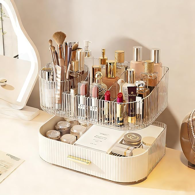 Makeup Organizer with 360° Rotating Brush Holder and Stackable Drawers, Cosmetic Display Case for Vanity, Bathroom Countertop (White, 2 Layer)
