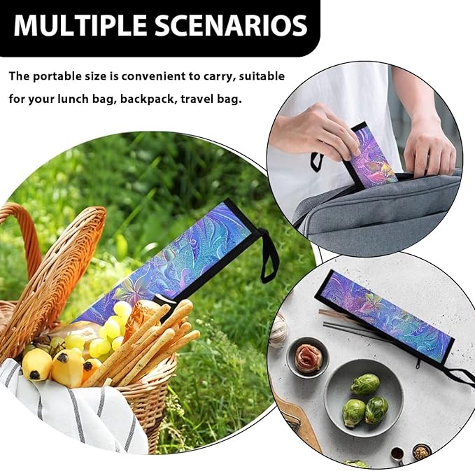COEQINE Abstract Flower Utensil Holder Rainbow Flatware Irganizer for Cutlery Pouch Metal Straws Case With Handles for Work Travel Accessories Lightweight Foldable Tableware Bag