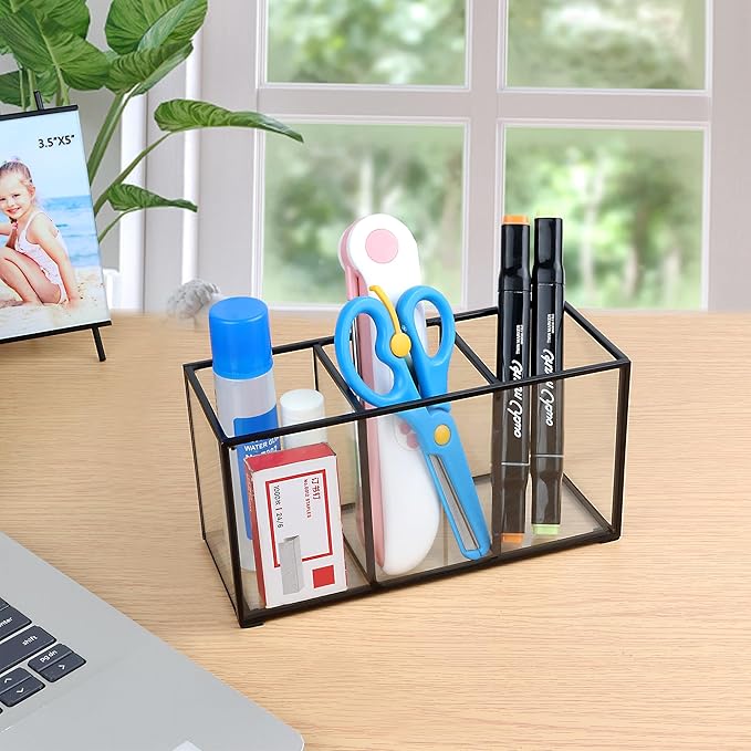 ELEGANTLIFE Clear Glass Makeup Brush Organizer,Luxurious Tempered Glass Cosmetics Brushes Storage Holder for Refined Bathroom Decor (Black, 3 Sections)