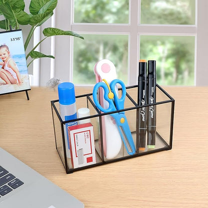 ELEGANTLIFE Clear Glass Makeup Brush Organizer,Luxurious Tempered Glass Cosmetics Brushes Storage Holder for Refined Bathroom Decor (Black, 3 Sections)